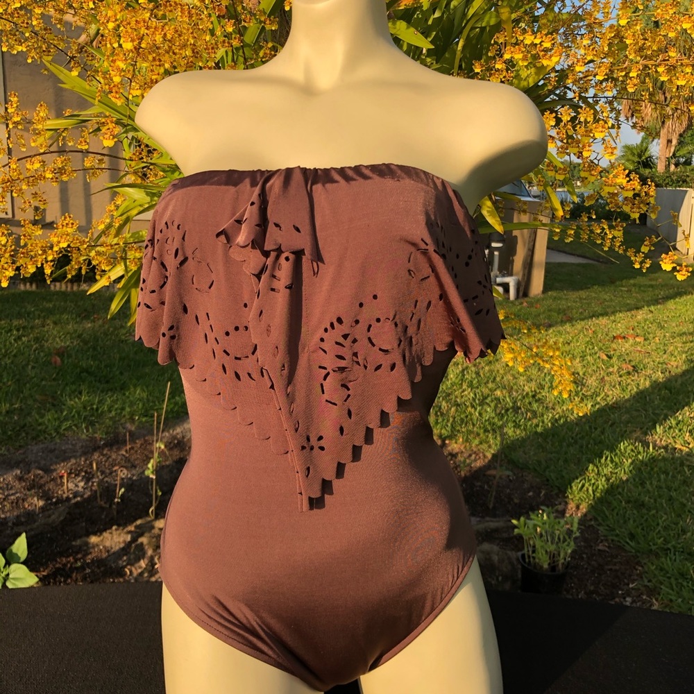 Women’s Brown Bandeau with Laser Cut Flounce Front